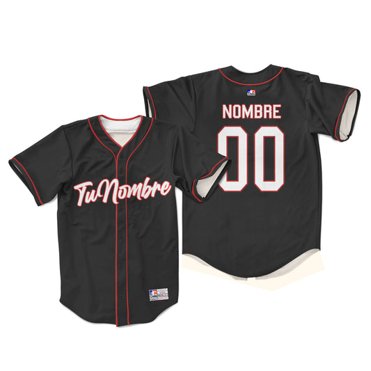 Camiseta personalizada con botones negro letras rojo blanco