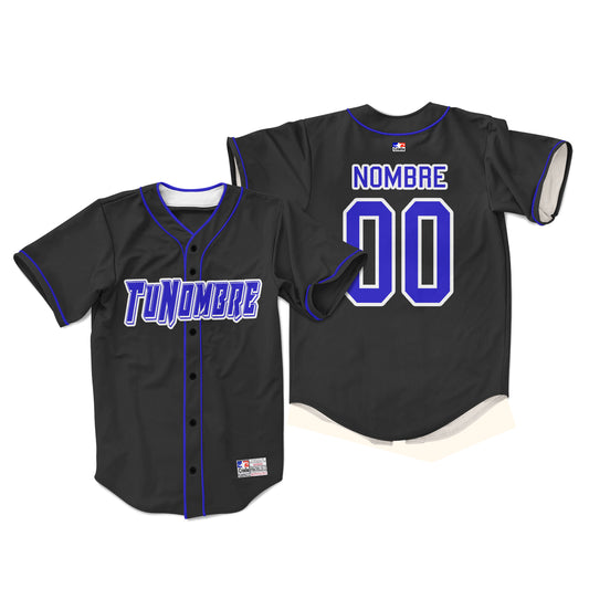Camiseta personalizada con botones color negro letras azul y blanco