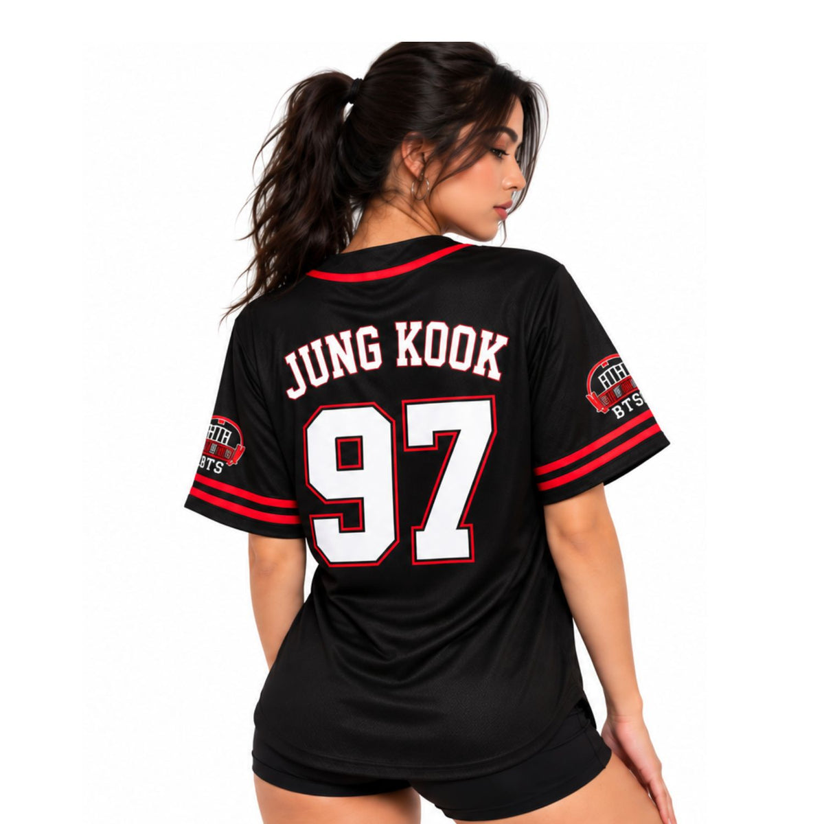 Camiseta de béisbol BTS negra con Jung Kook 97, vista posterior