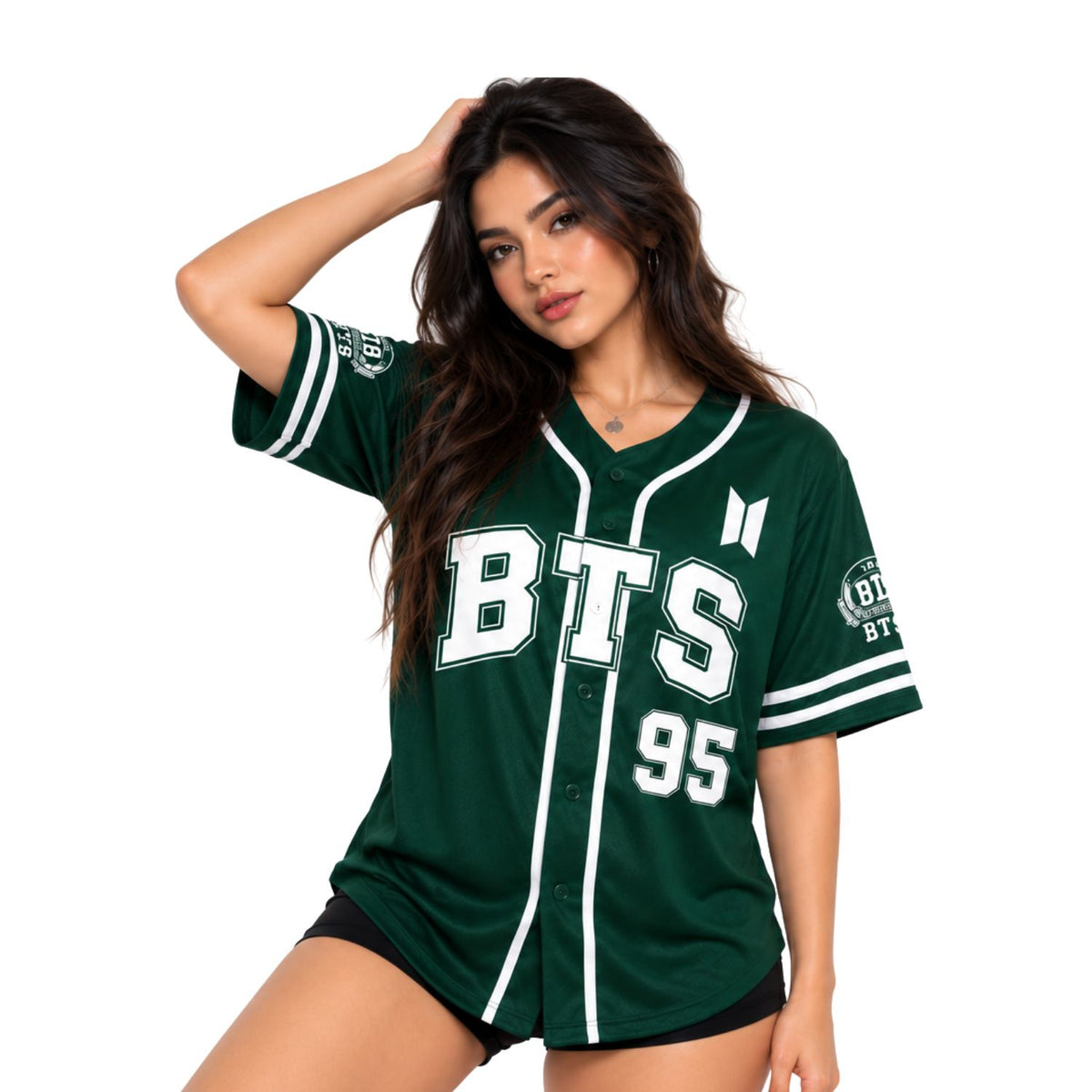 Camiseta de béisbol BTS verde con diseño Jimin 95, vista frontal y posterior