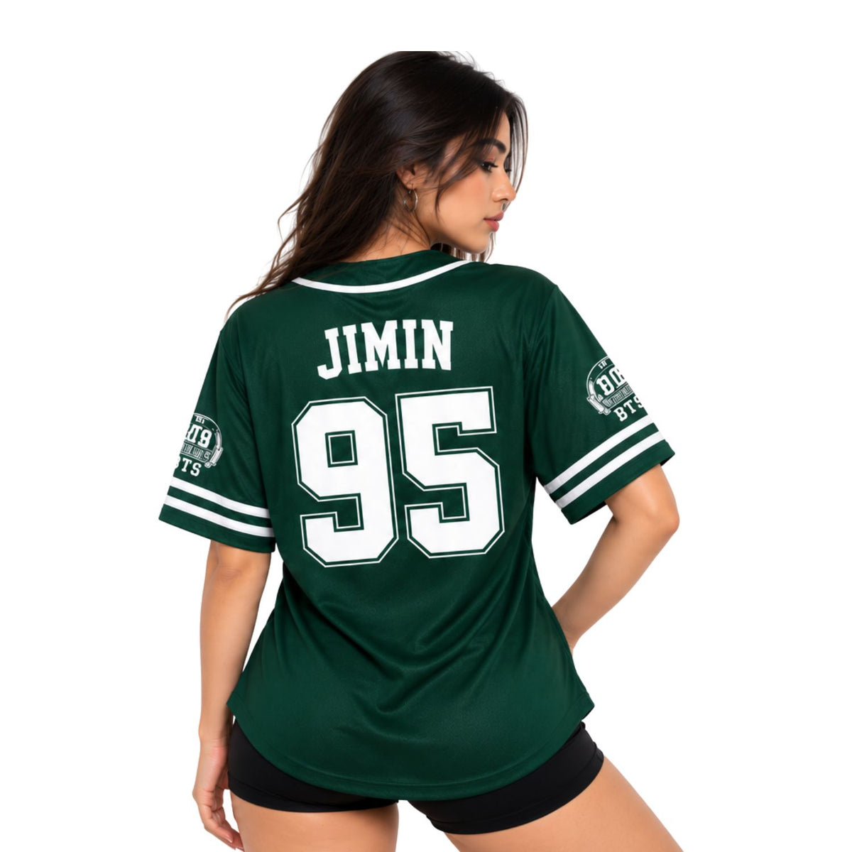 Camiseta de béisbol BTS verde con diseño Jimin 95, vista posterior